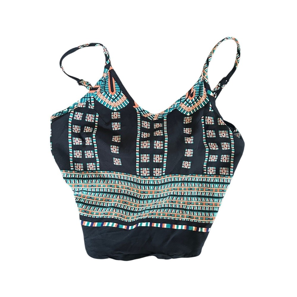 Womens Geometric Tribal Print Wrap Back Tie Camisole Crop Top Black Teal Orange